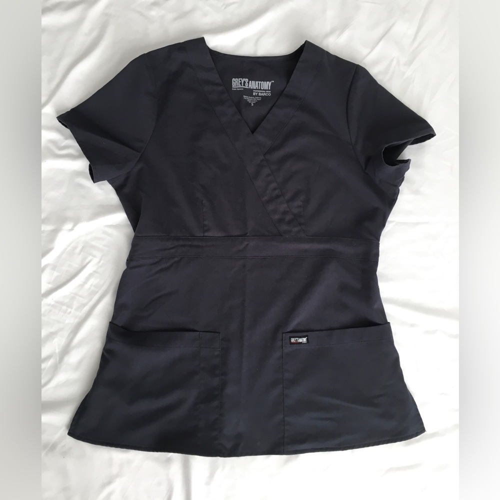 Greys Anatomy like new, worn 1x steel mock wrap top size S.